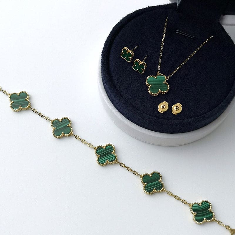 18K Van Cleef & Arpels Vintage Alhambra Five Motifs Malachite Clover Bracelet