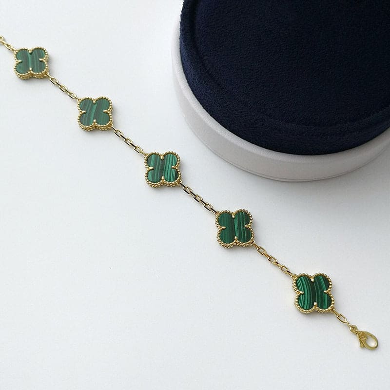 18K Van Cleef & Arpels Vintage Alhambra Five Motifs Malachite Clover Bracelet