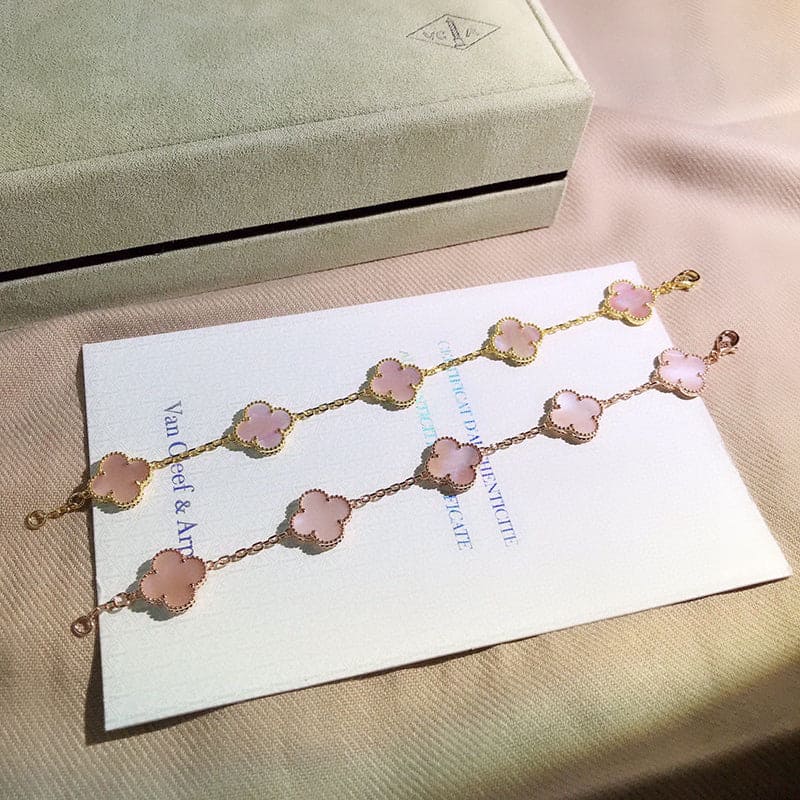 18K Van Cleef & Arpels Vintage Alhambra Five Motifs Pink Opal Clover Bracelet