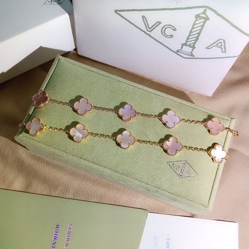 18K Van Cleef & Arpels Vintage Alhambra Five Motifs Pink Opal Clover Bracelet