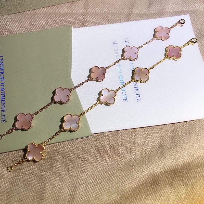18K Van Cleef & Arpels Vintage Alhambra Five Motifs Pink Opal Clover Bracelet