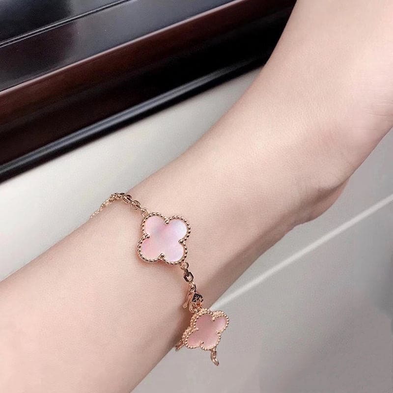 18K Van Cleef & Arpels Vintage Alhambra Five Motifs Pink Opal Clover Bracelet
