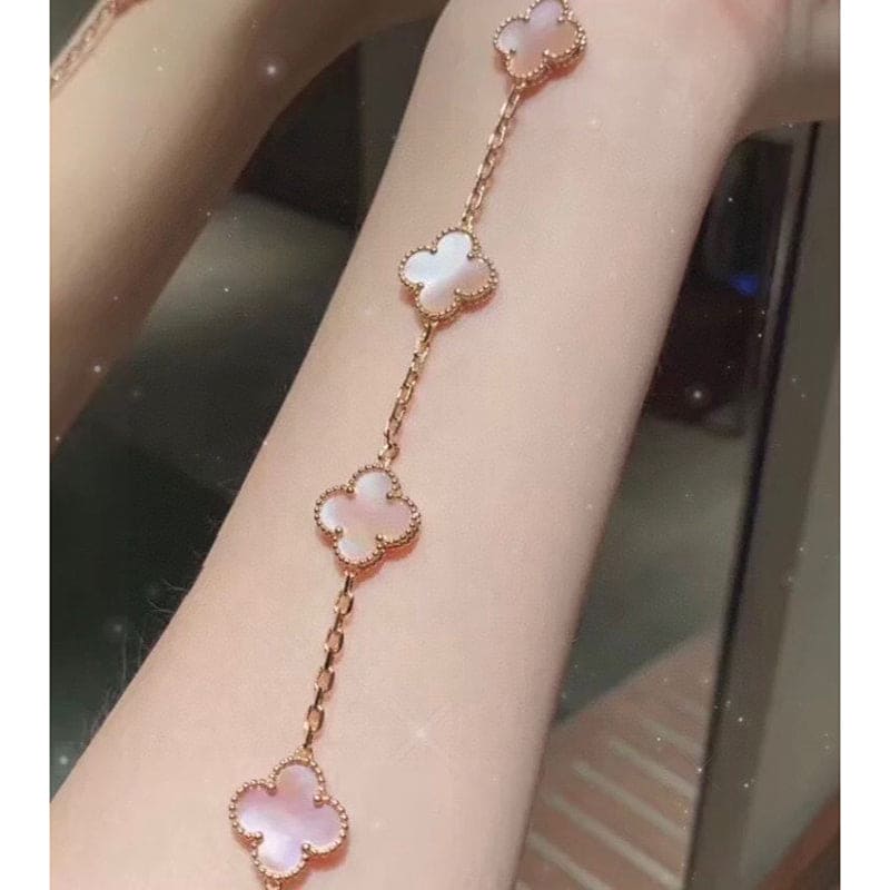 18K Van Cleef & Arpels Vintage Alhambra Five Motifs Pink Opal Clover Bracelet