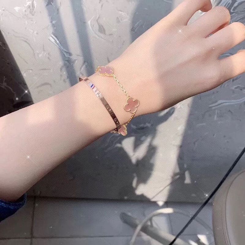 18K Van Cleef & Arpels Vintage Alhambra Five Motifs Pink Opal Clover Bracelet