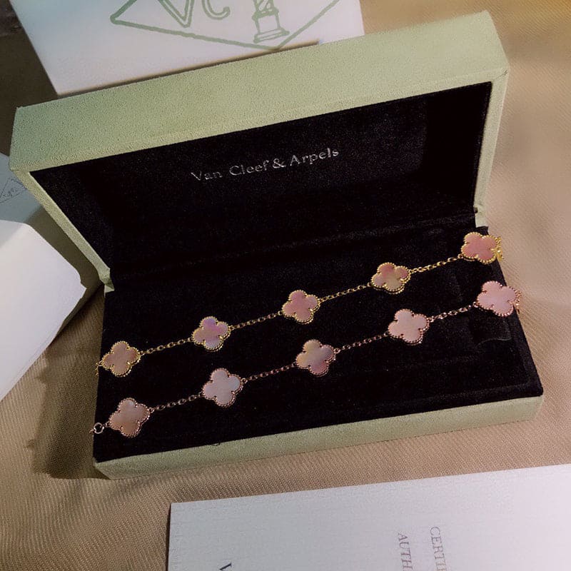 18K Van Cleef & Arpels Vintage Alhambra Five Motifs Pink Opal Clover Bracelet