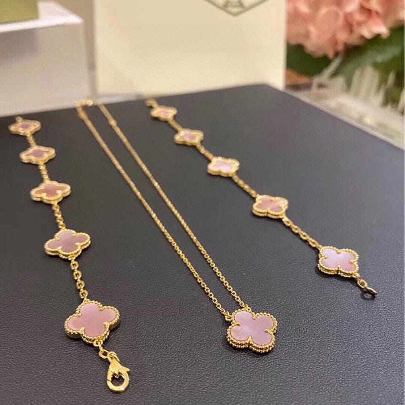 18K Van Cleef & Arpels Vintage Alhambra Five Motifs Pink Opal Clover Bracelet