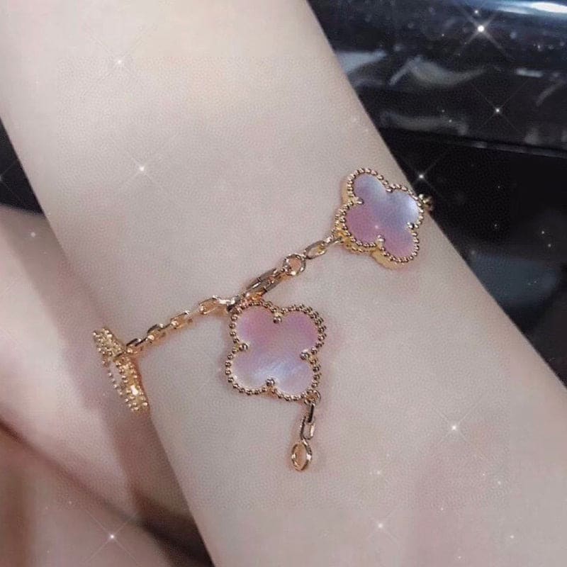 18K Van Cleef & Arpels Vintage Alhambra Five Motifs Pink Opal Clover Bracelet