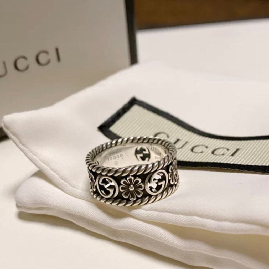 Gucci Aged Sterling Silver Interlocking G Flower Ring