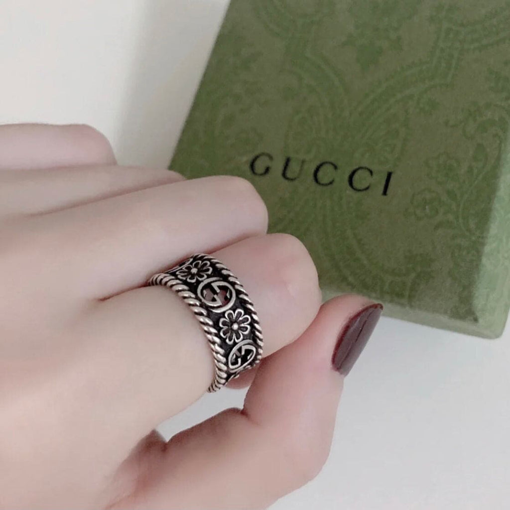 Gucci Aged Sterling Silver Interlocking G Flower Ring