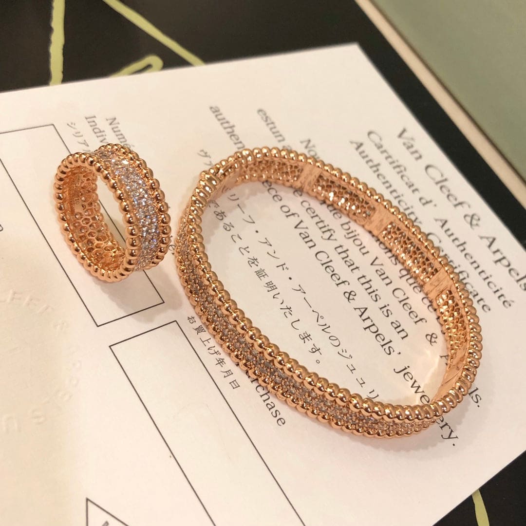 18K Van Cleef & Arpels Rose Gold Perlee Diamonds 3 Row Ring