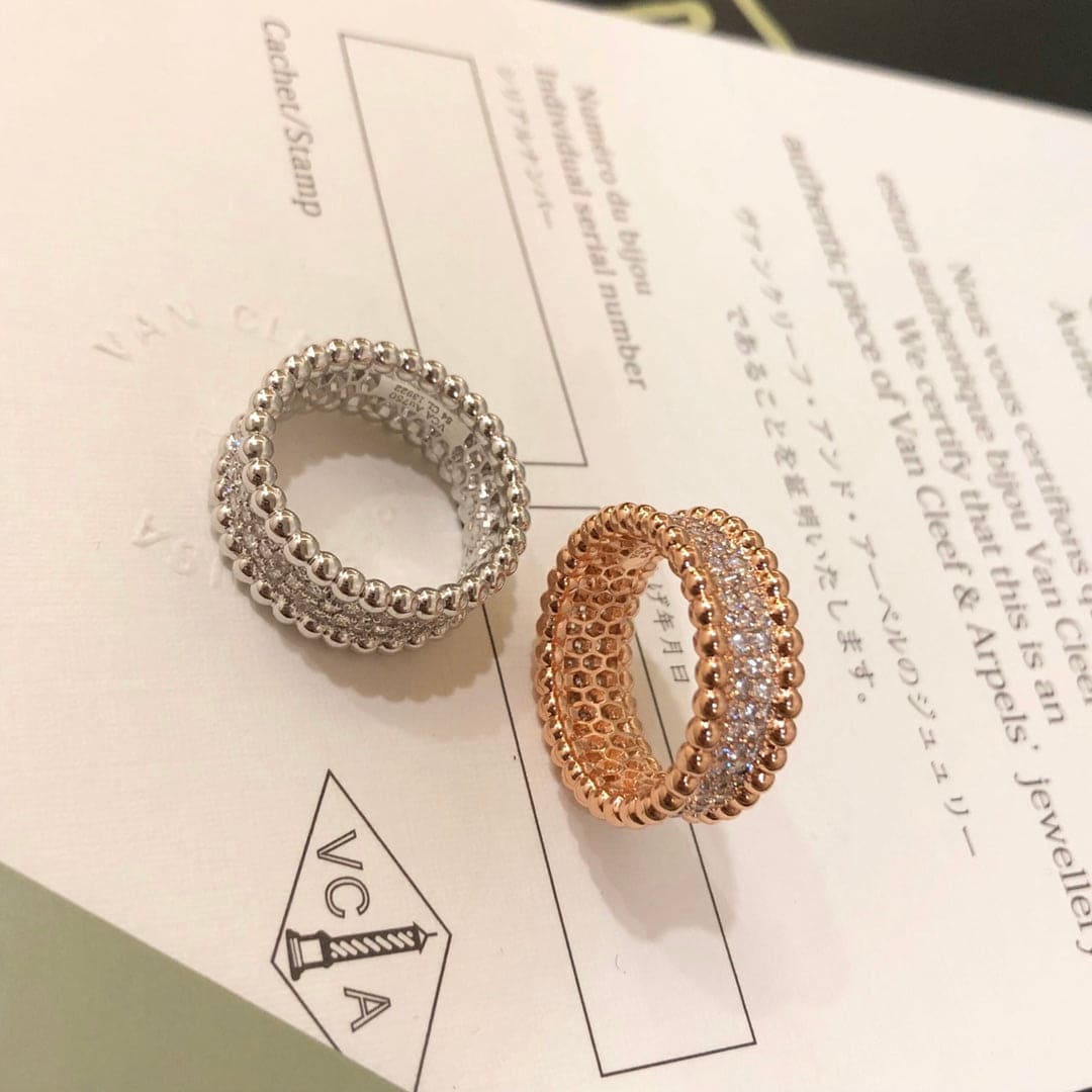 18K Van Cleef & Arpels White Gold Perlee Diamonds 3 Row Ring