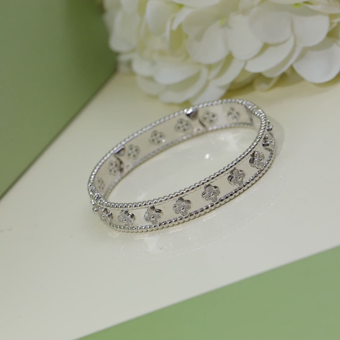 18K Van Cleef & Arpels White Gold Perlee Clovers Bracelet