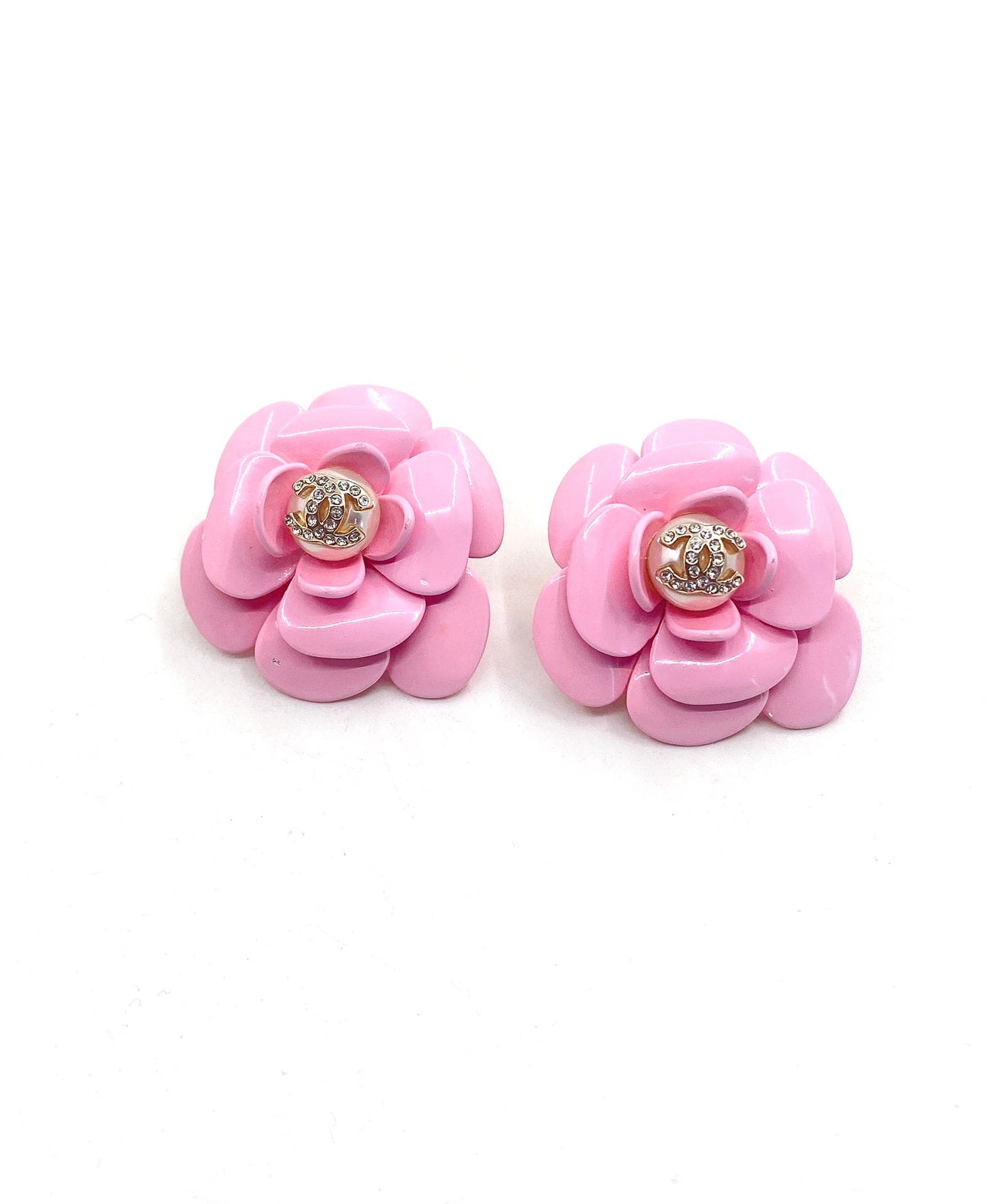 18K Chanel Pink Camellia Resin Earrings