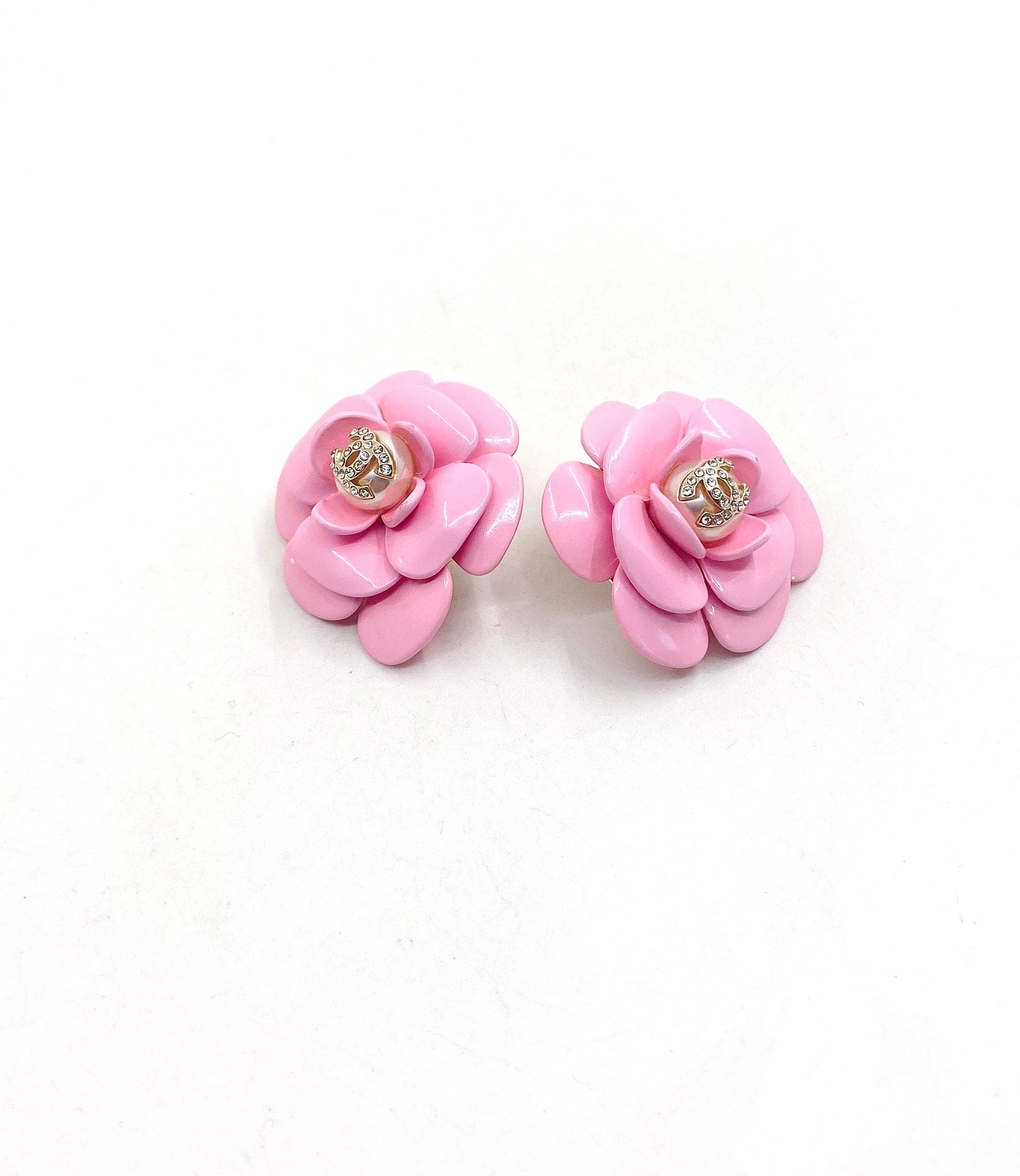 18K Chanel Pink Camellia Resin Earrings