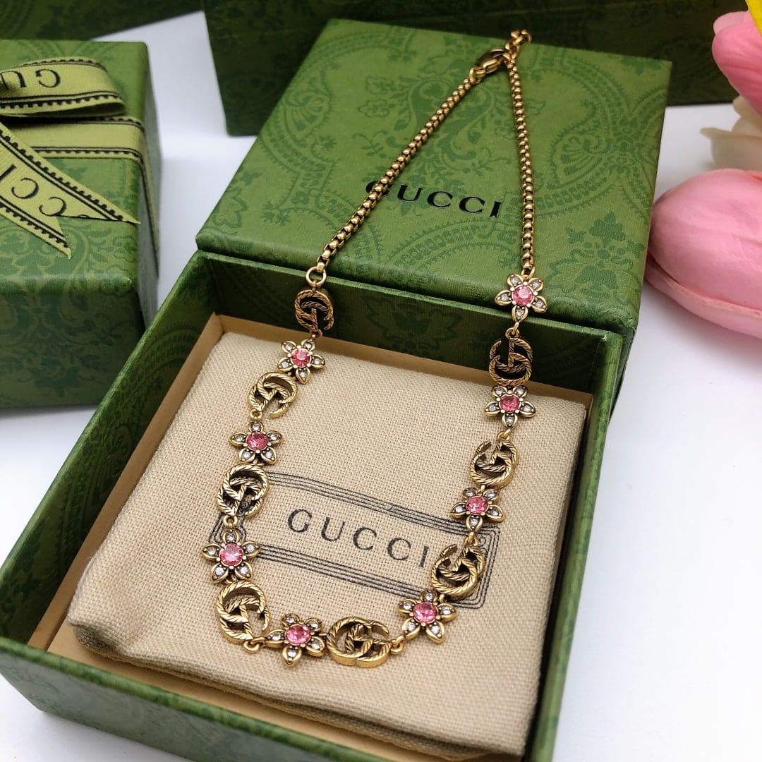 18K Gucci Interlocking G Red Flowers Necklace