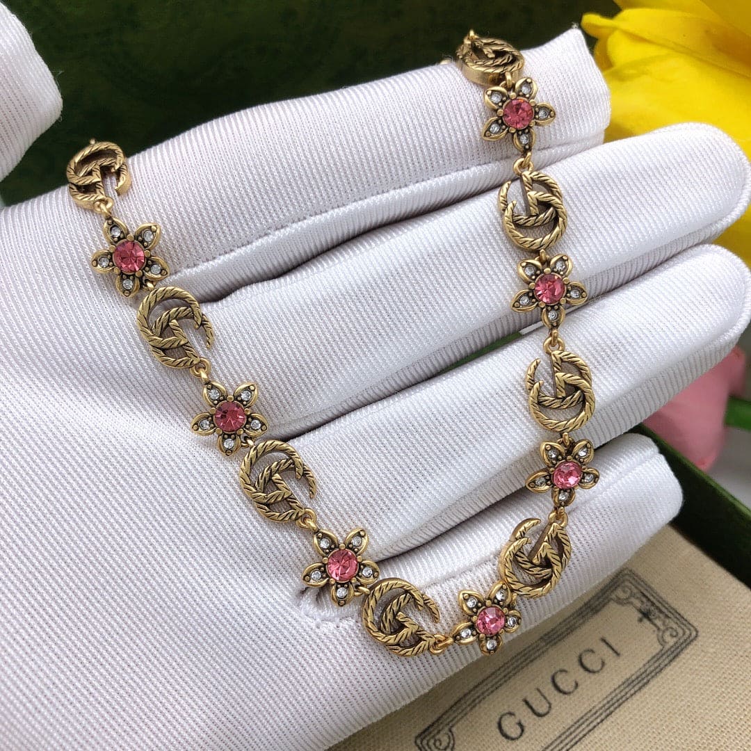 18K Gucci Interlocking G Red Flowers Necklace