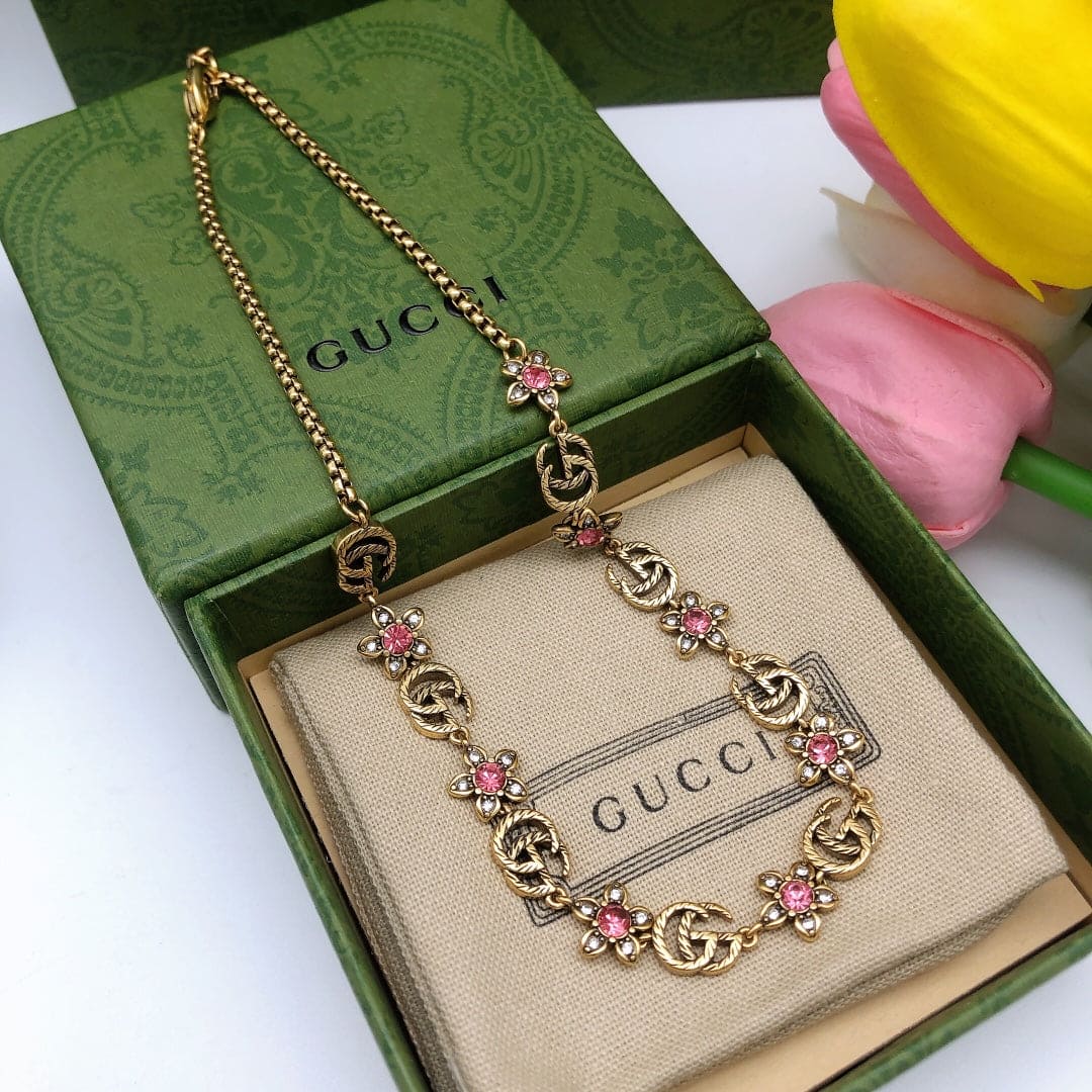 18K Gucci Interlocking G Red Flowers Necklace