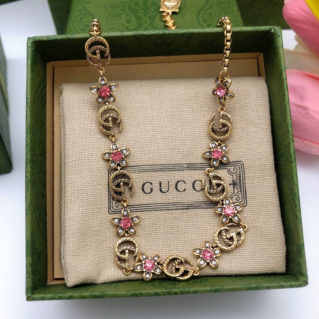 18K Gucci Interlocking G Red Flowers Necklace