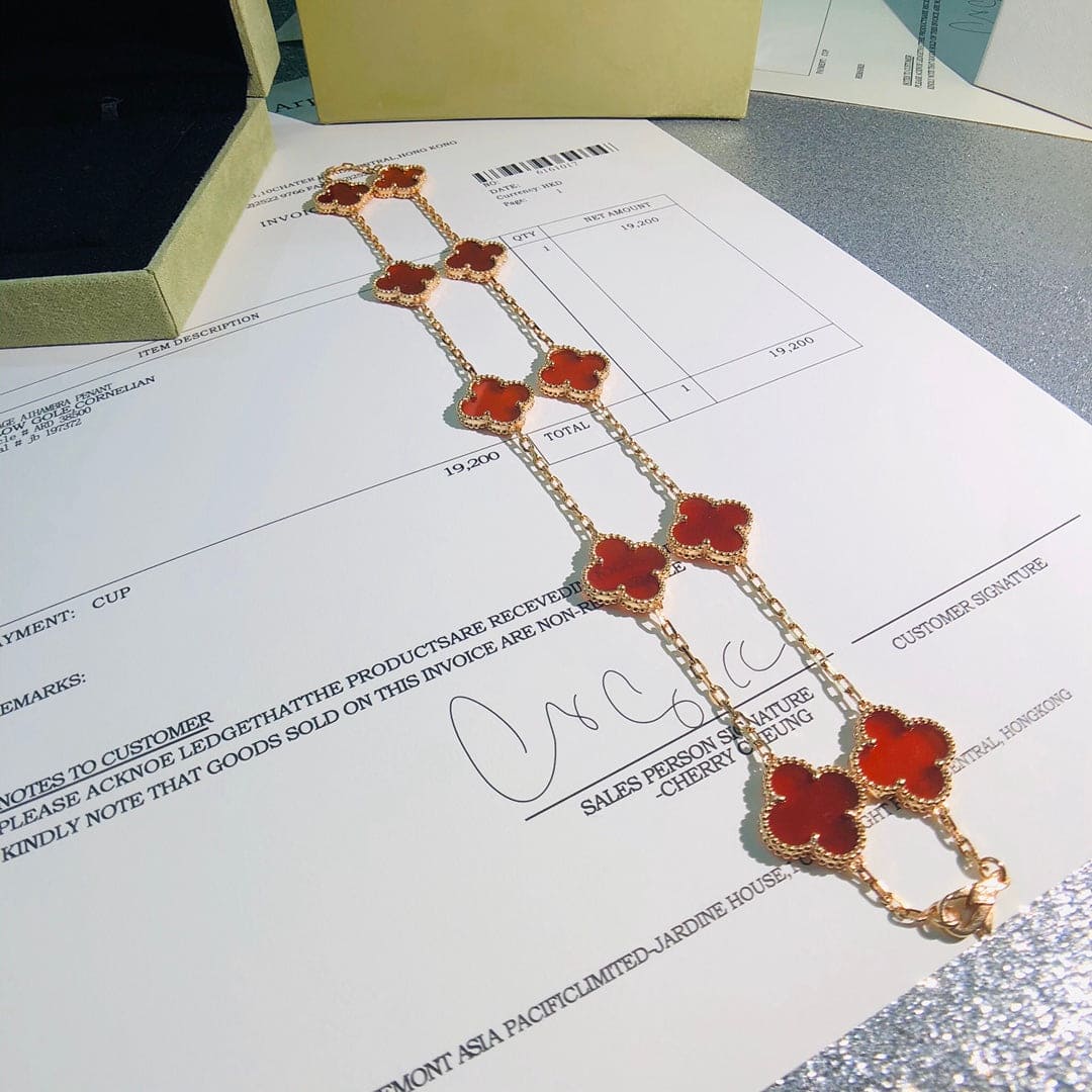 18K Van Cleef & Arpels Vintage Alhambra Carnelian 10 Motifs Necklace