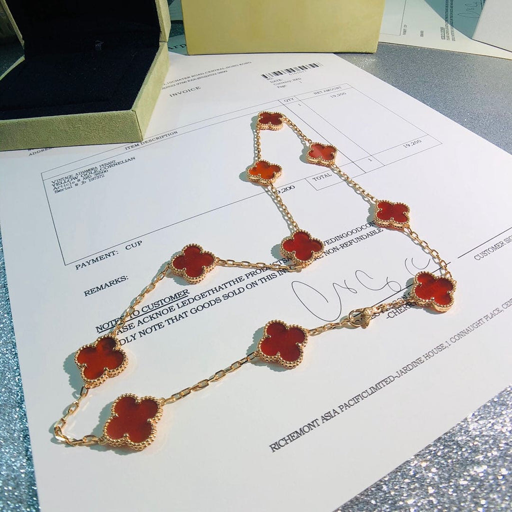 18K Van Cleef & Arpels Vintage Alhambra Carnelian 10 Motifs Necklace