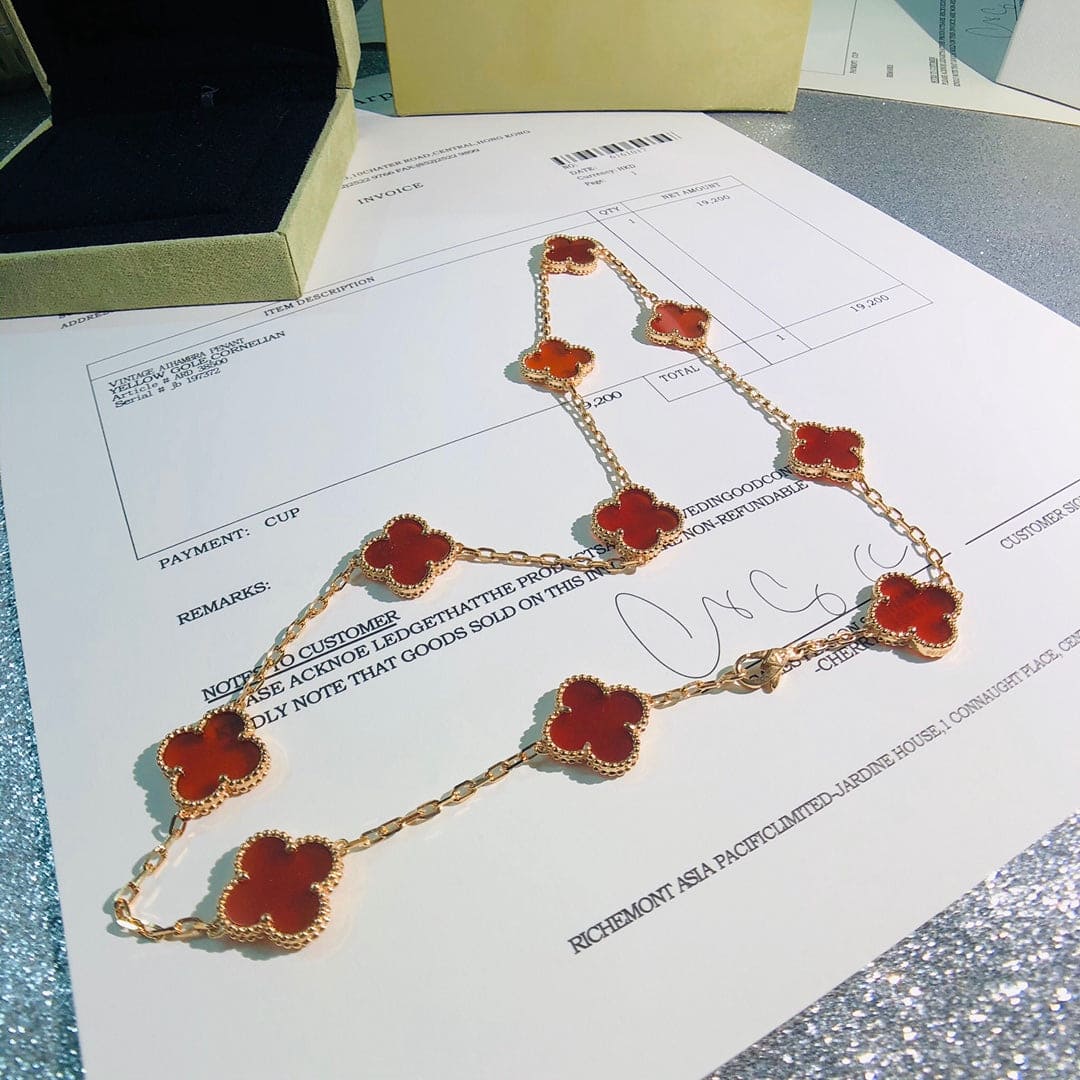 18K Van Cleef & Arpels Vintage Alhambra Carnelian 10 Motifs Necklace