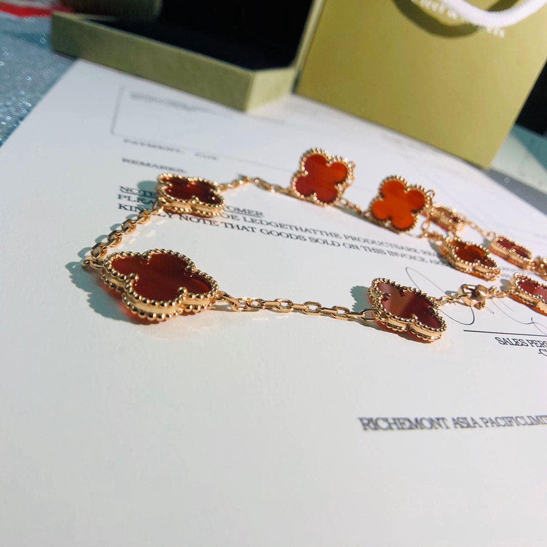 18K Van Cleef & Arpels Vintage Alhambra Carnelian 10 Motifs Necklace