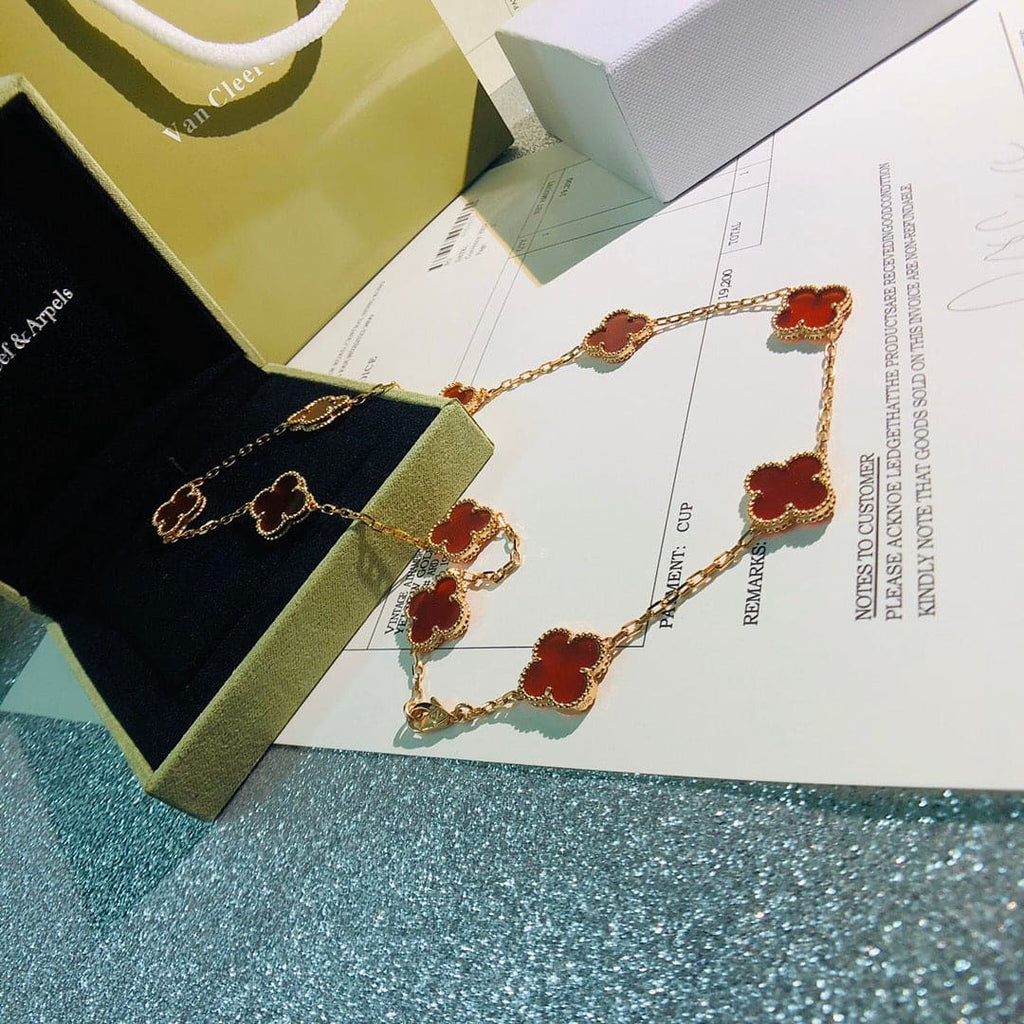 18K Van Cleef & Arpels Vintage Alhambra Carnelian 10 Motifs Necklace