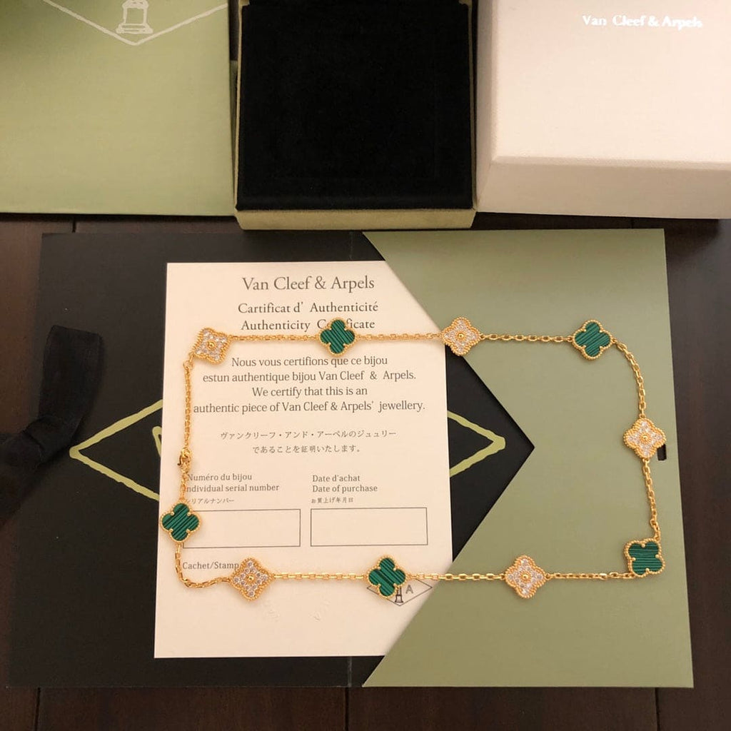 18K Van Cleef & Arpels Vintage Alhambra Malachite Diamonds 10 Motifs Necklace