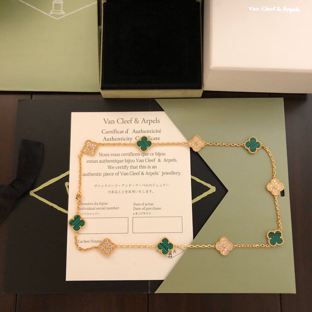 18K Van Cleef & Arpels Vintage Alhambra Malachite Diamonds 10 Motifs Necklace