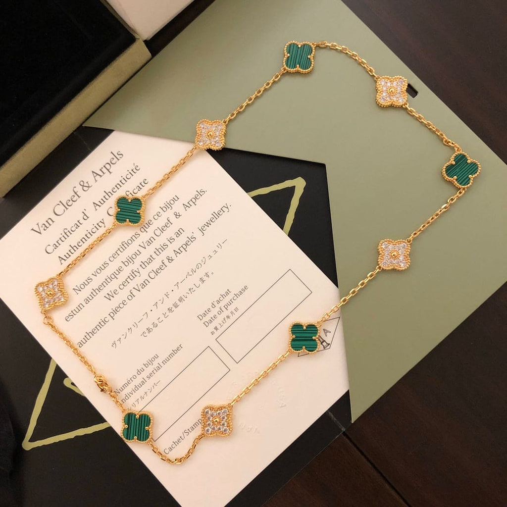18K Van Cleef & Arpels Vintage Alhambra Malachite Diamonds 10 Motifs Necklace