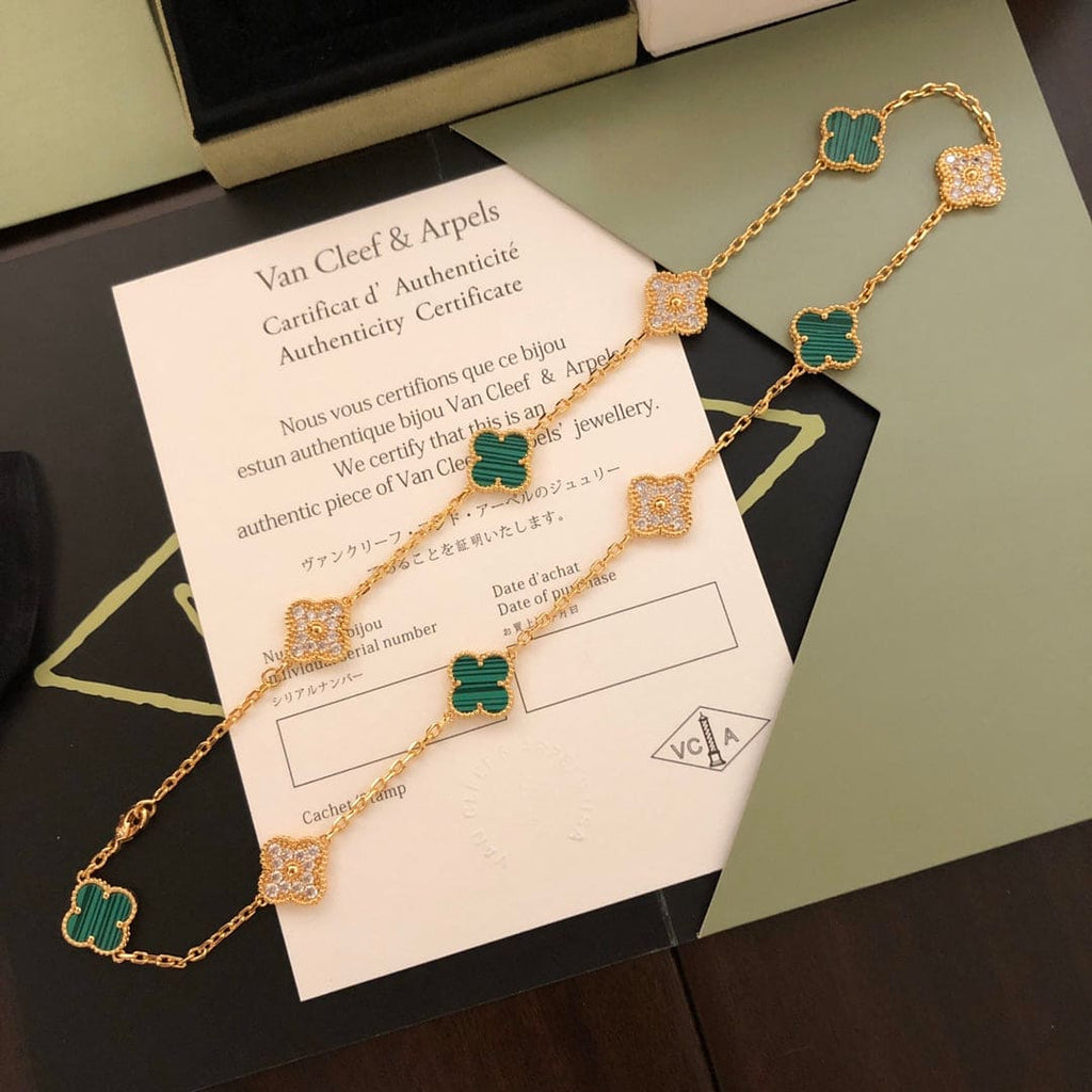 18K Van Cleef & Arpels Vintage Alhambra Malachite Diamonds 10 Motifs Necklace