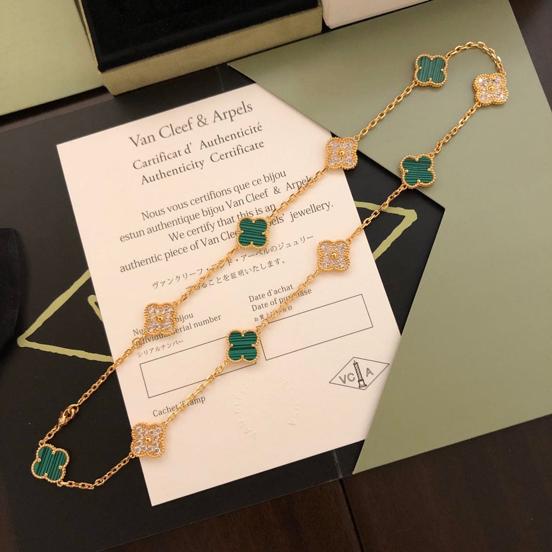 18K Van Cleef & Arpels Vintage Alhambra Malachite Diamonds 10 Motifs Necklace