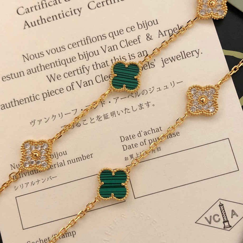 18K Van Cleef & Arpels Vintage Alhambra Malachite Diamonds 10 Motifs Necklace