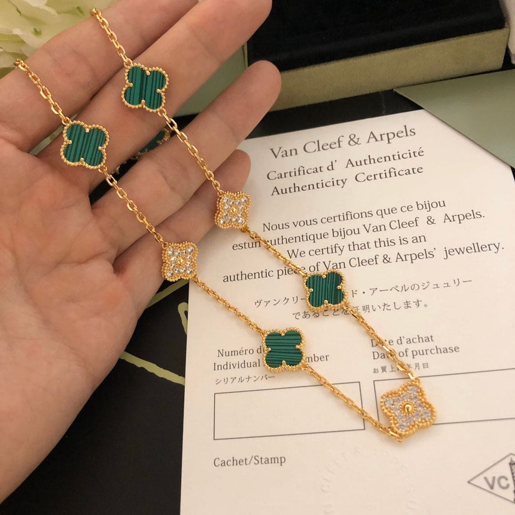 18K Van Cleef & Arpels Vintage Alhambra Malachite Diamonds 10 Motifs Necklace