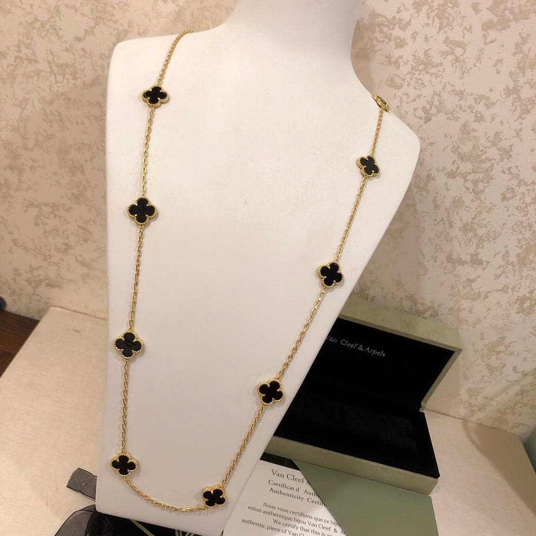 18K Van Cleef & Arpels Vintage Alhambra Black 10 Motifs Clover Necklace
