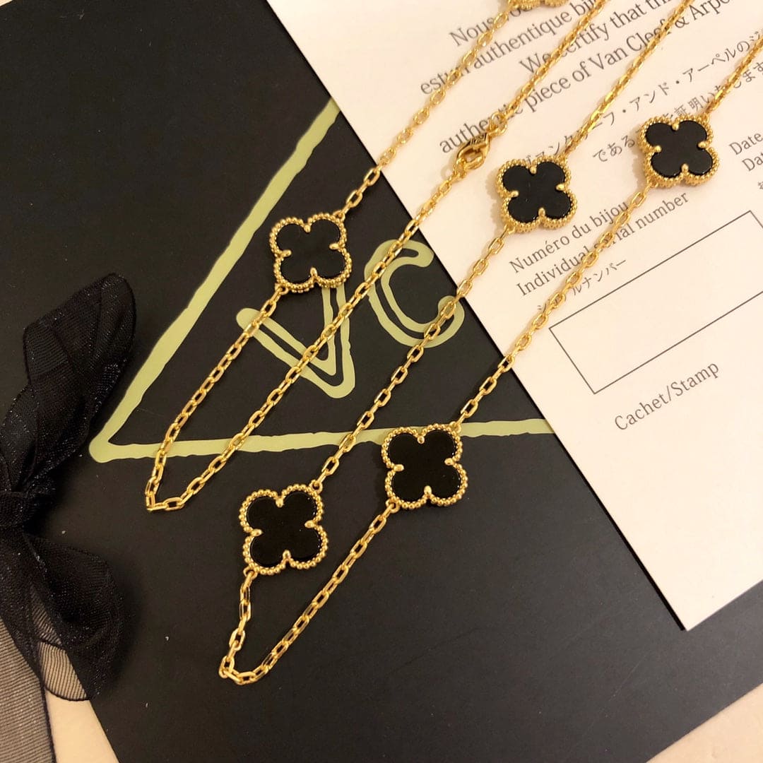 18K Van Cleef & Arpels Vintage Alhambra Black 10 Motifs Clover Necklace