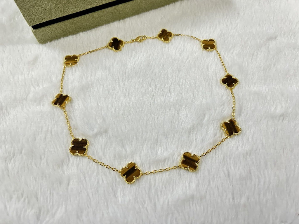 18K Van Cleef & Arpels Vintage Alhambra Tiger Eye 10 Motifs Necklace