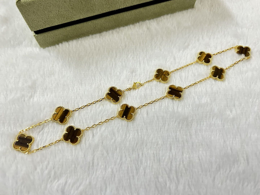 18K Van Cleef & Arpels Vintage Alhambra Tiger Eye 10 Motifs Necklace