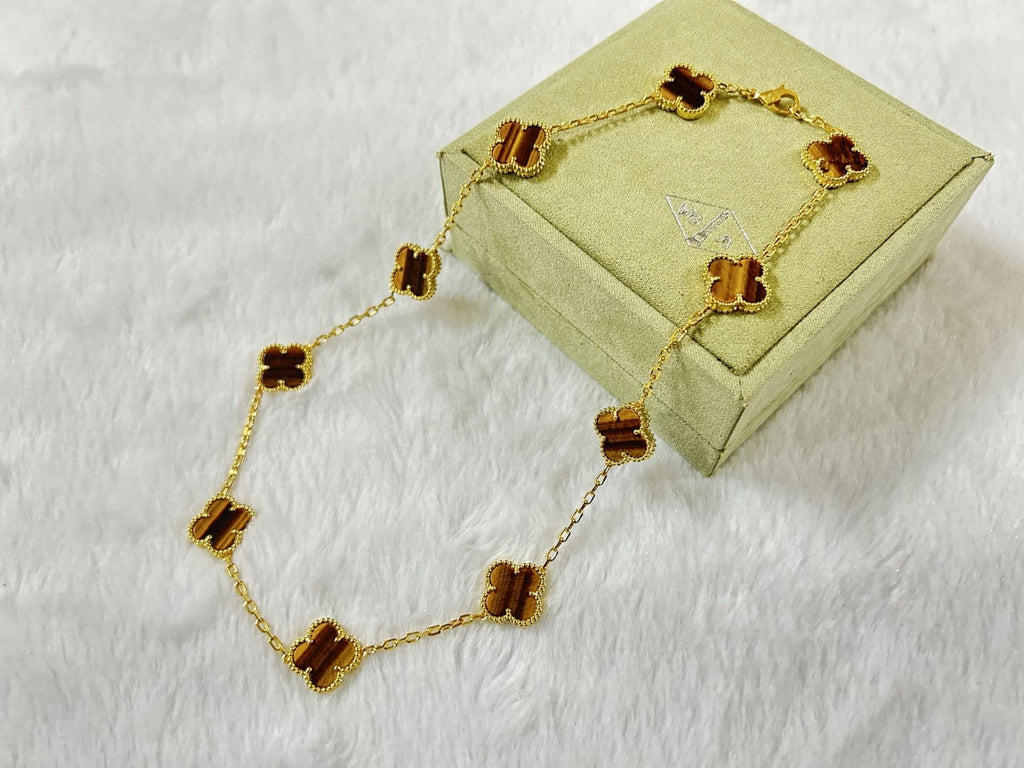 18K Van Cleef & Arpels Vintage Alhambra Tiger Eye 10 Motifs Necklace