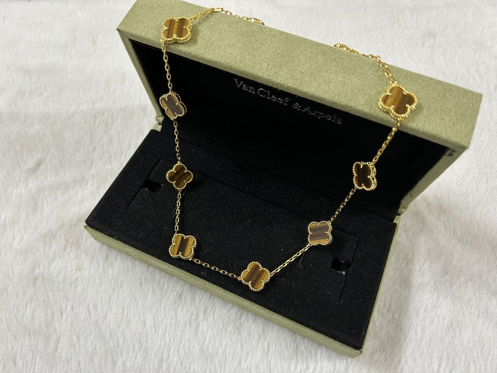 18K Van Cleef & Arpels Vintage Alhambra Tiger Eye 10 Motifs Necklace