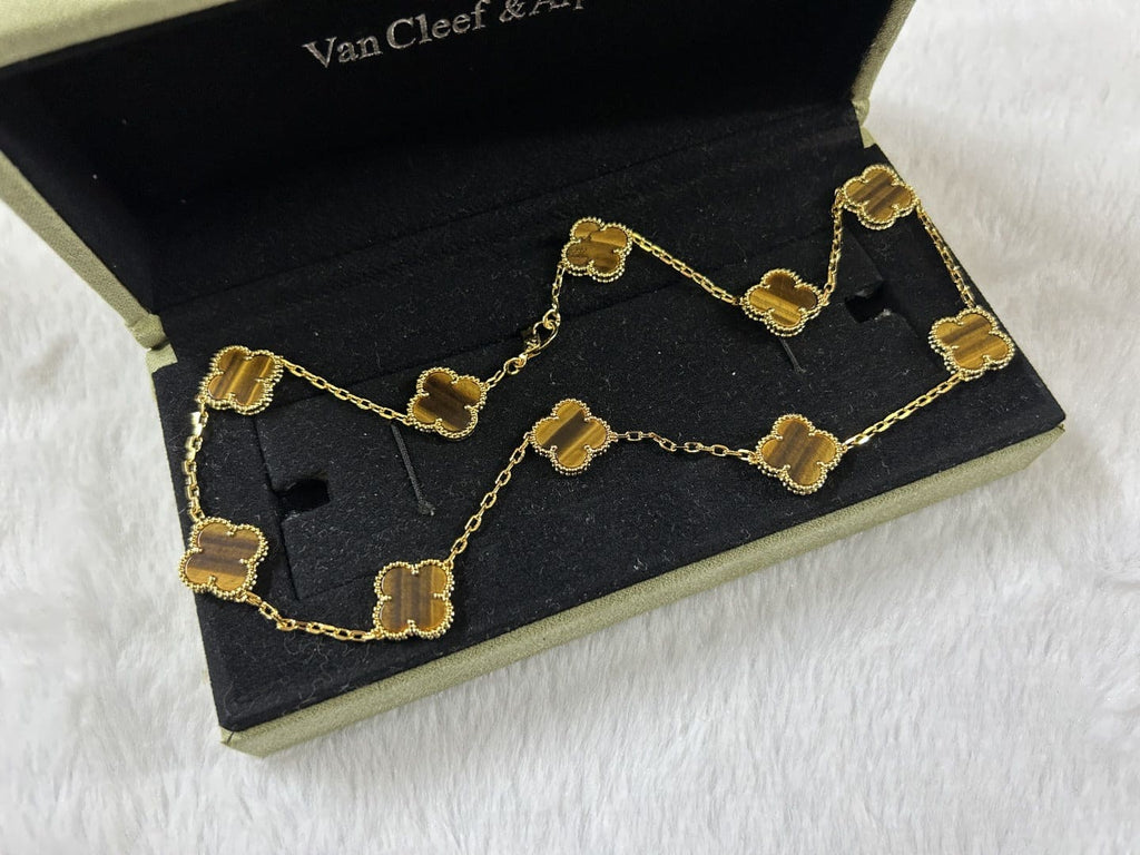 18K Van Cleef & Arpels Vintage Alhambra Tiger Eye 10 Motifs Necklace
