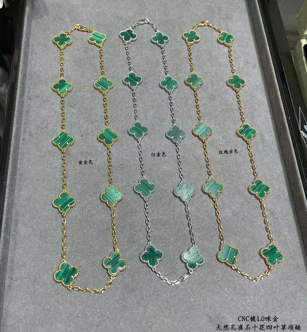 18K Van Cleef & Arpels Vintage Alhambra Malachite 10 Motifs Necklace