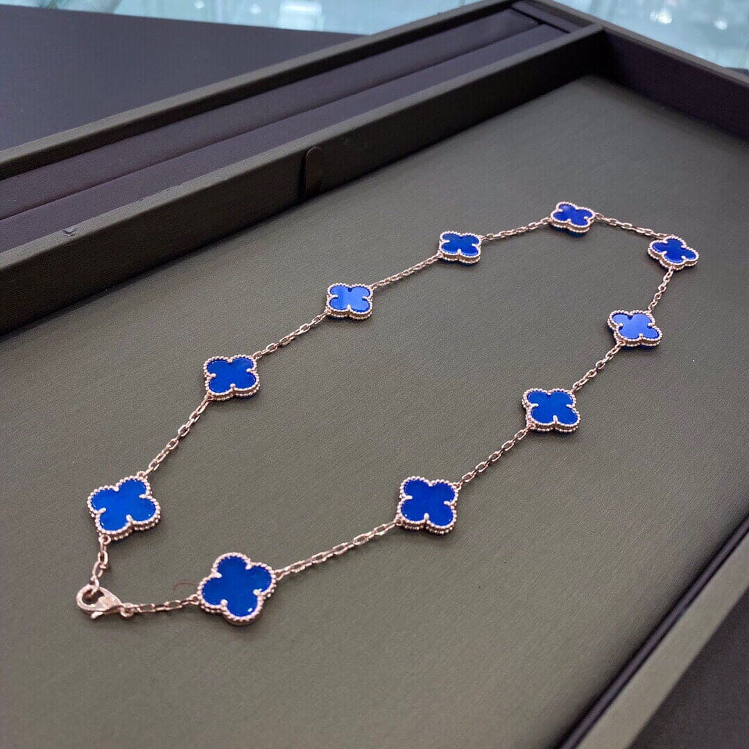 18K Van Cleef & Arpels Vintage Alhambra Blue 10 Motifs Necklace