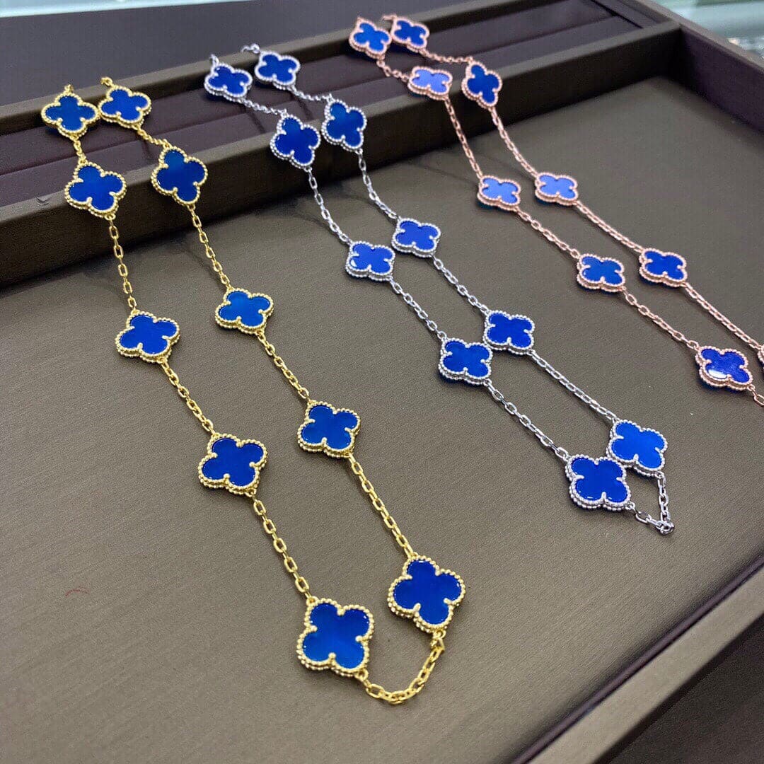 18K Van Cleef & Arpels Vintage Alhambra Blue 10 Motifs Necklace