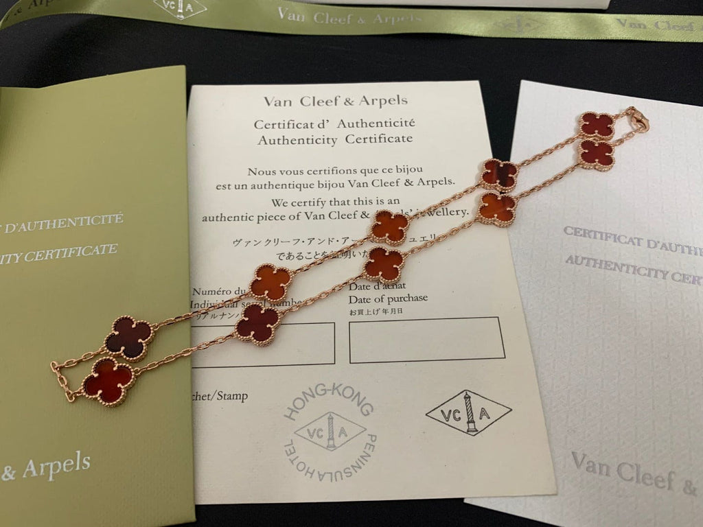 18K Van Cleef & Arpels Vintage Alhambra Carnelian 10 Motifs Necklace