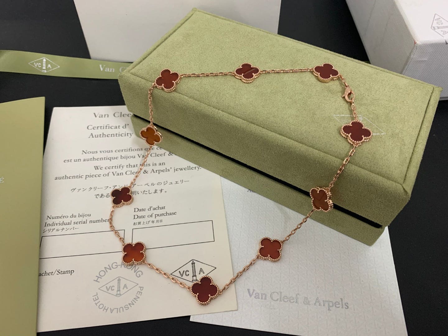 18K Van Cleef & Arpels Vintage Alhambra Carnelian 10 Motifs Necklace