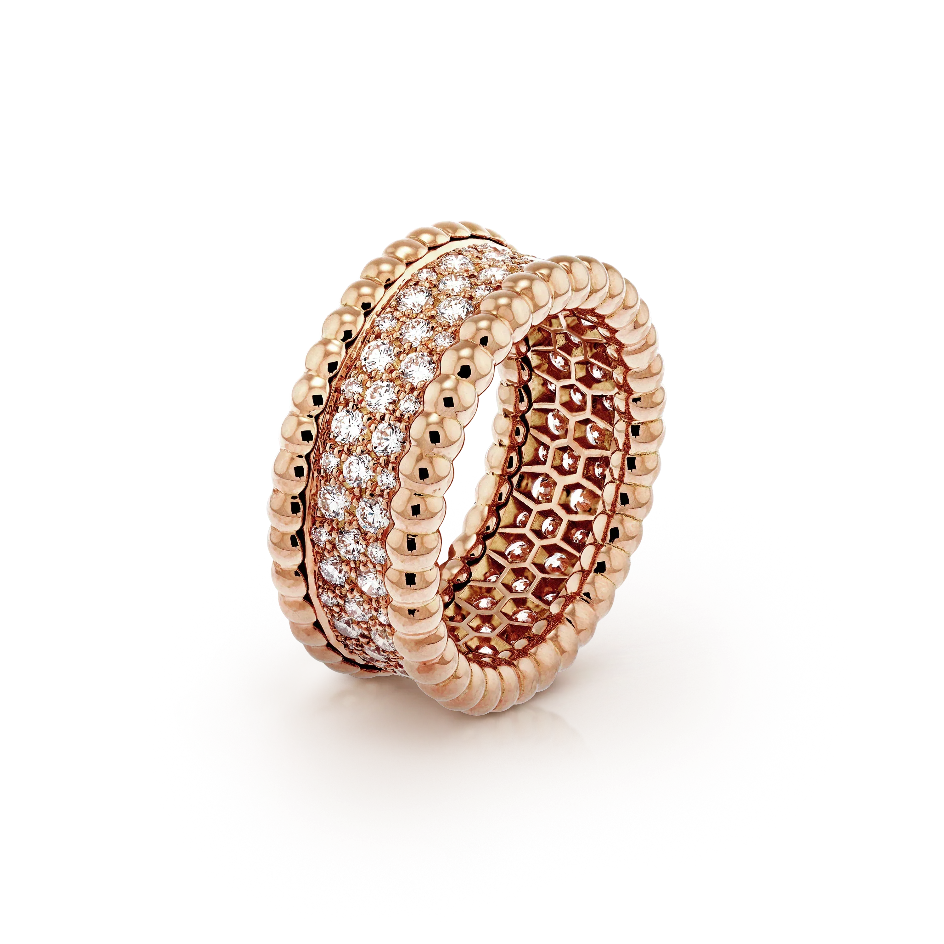 18K Van Cleef & Arpels Rose Gold Perlee Diamonds 3 Row Ring