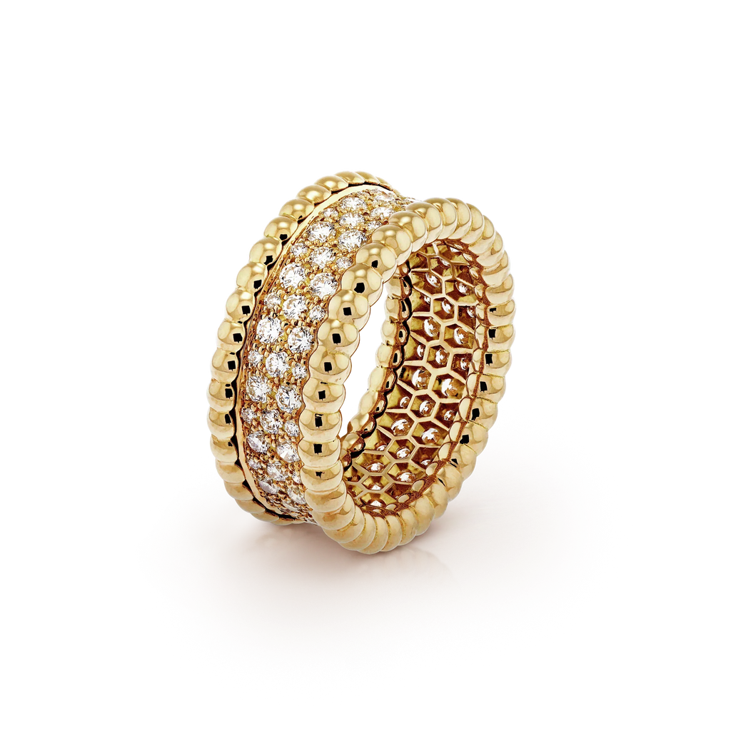 18K Van Cleef & Arpels Yellow Gold Perlee Diamonds 3 Row Ring