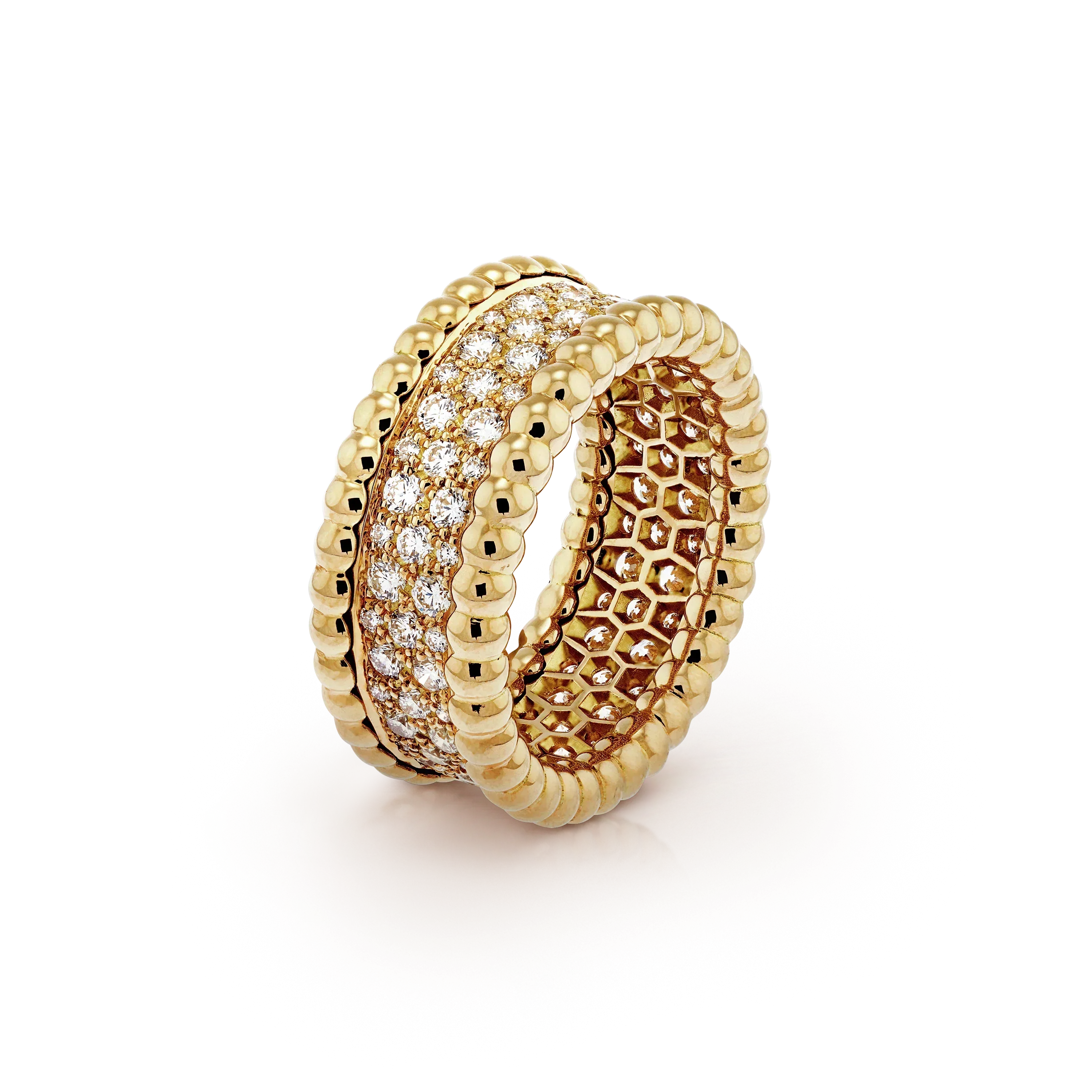 18K Van Cleef & Arpels Yellow Gold Perlee Diamonds 3 Row Ring