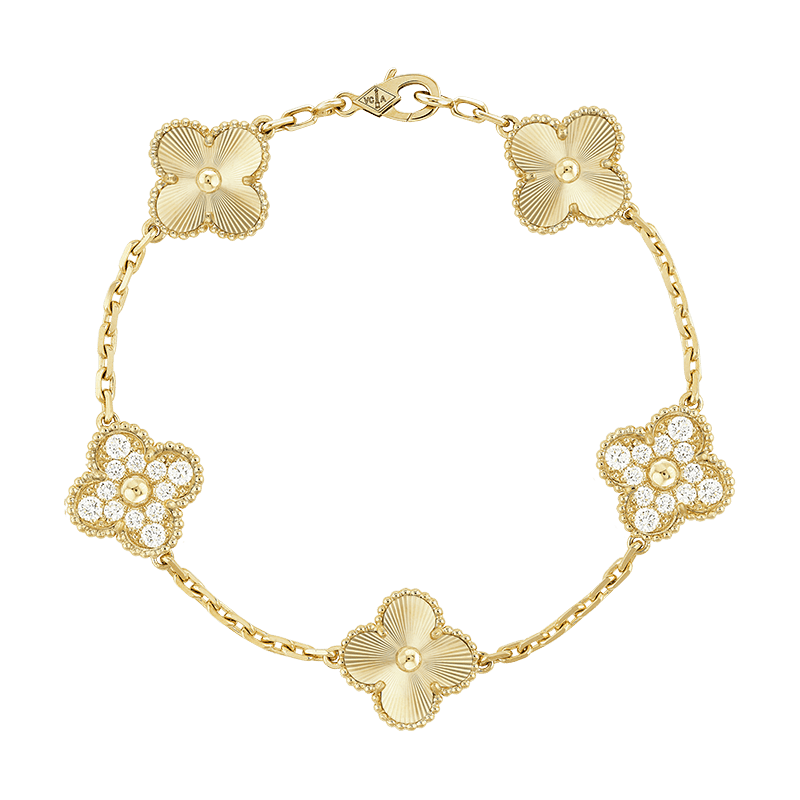 18K Van Cleef & Arpels Vintage Alhambra Five Motifs Diamonds Clover Bracelet
